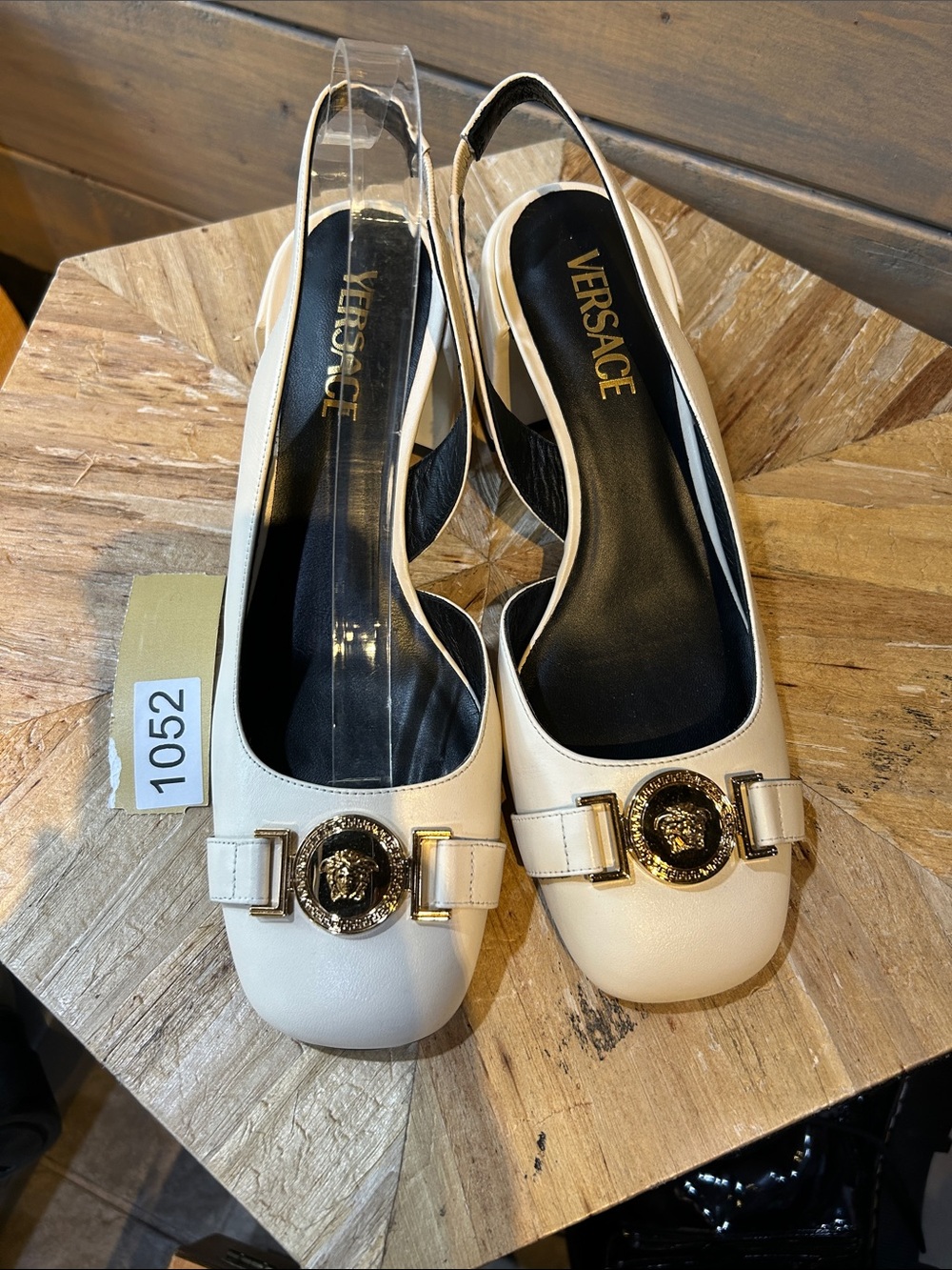 Versace Cream Leather Slingback Mules with Gold Medusa Buckle